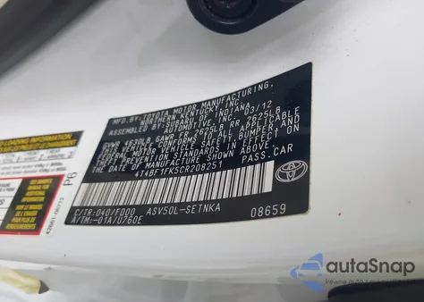 2012 Toyota Camry Le from USA, damaged, VIN 4T4BF1FK5CR208251